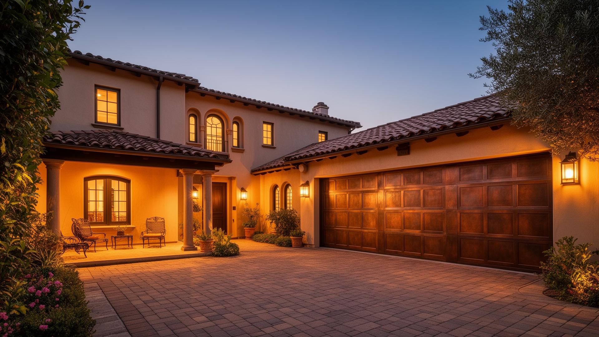 Luxury copper-clad garage doors on California Spanish revival home at dusk